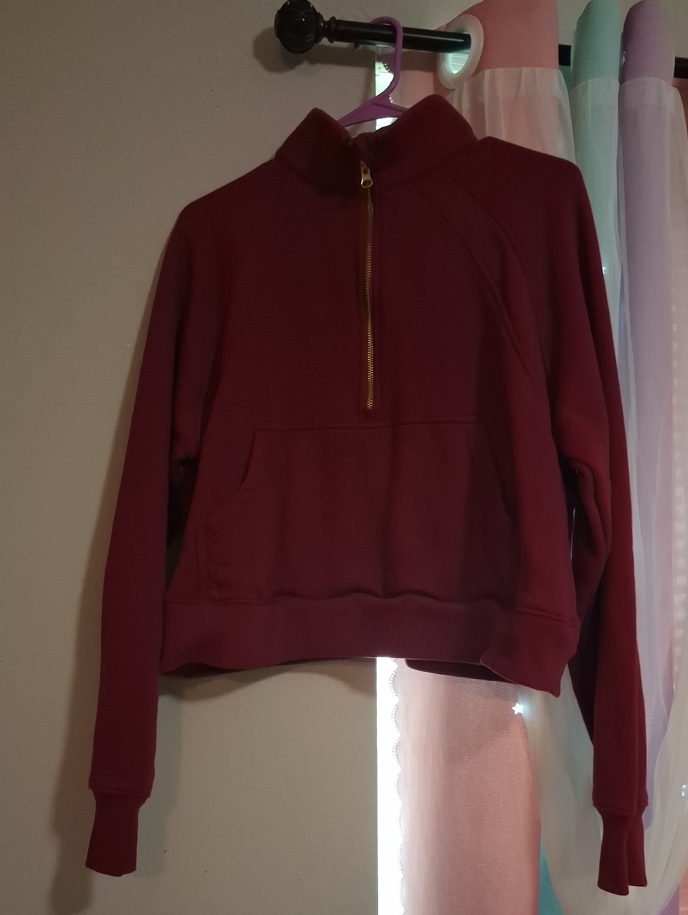 Women's Maroon Half-Zip Pullover Hoodie with Kangaroo Pocket